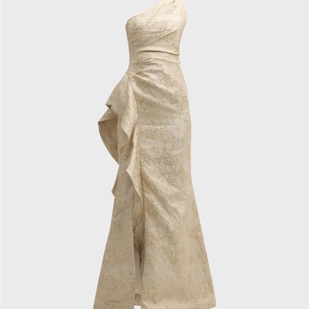 Rickie Freeman for Teri Jon Cream Ruffled Asymmetrical One Shoulder Gown
